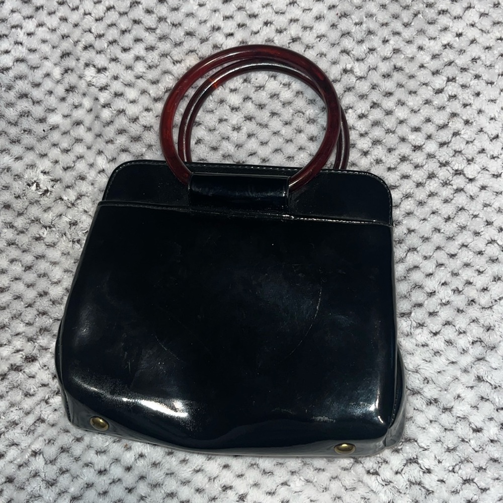 1950’s JR USA black patent leather handbag with tortoise shell handles